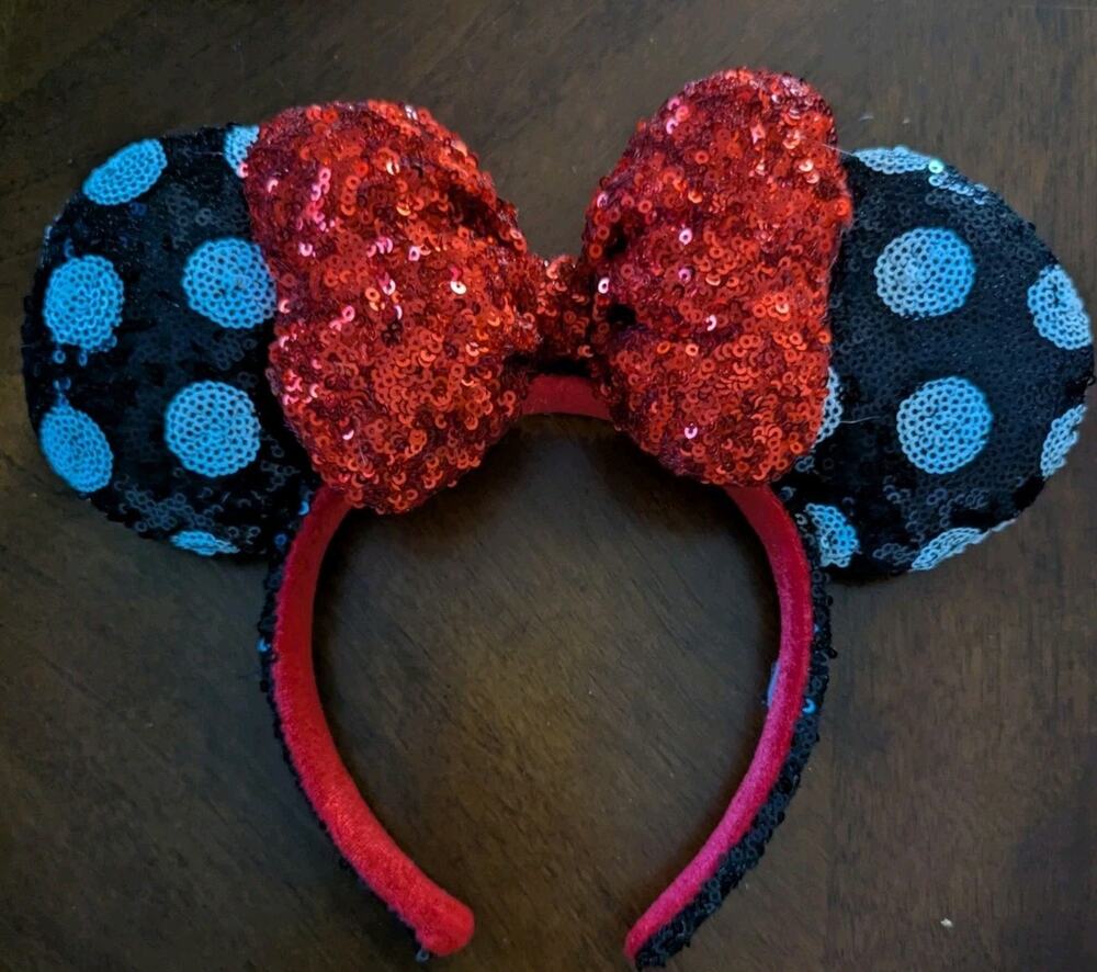 Disney Parks Red Bow Black & White Sequin Polka Dot Minnie Ears Headband
